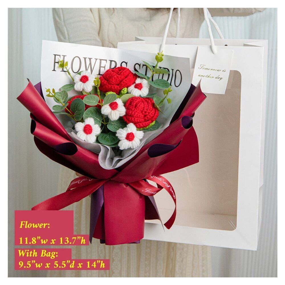 Red Crochet Flower Bouquet Roses LED Wedding Birthday Gift for Mom Girlfriend